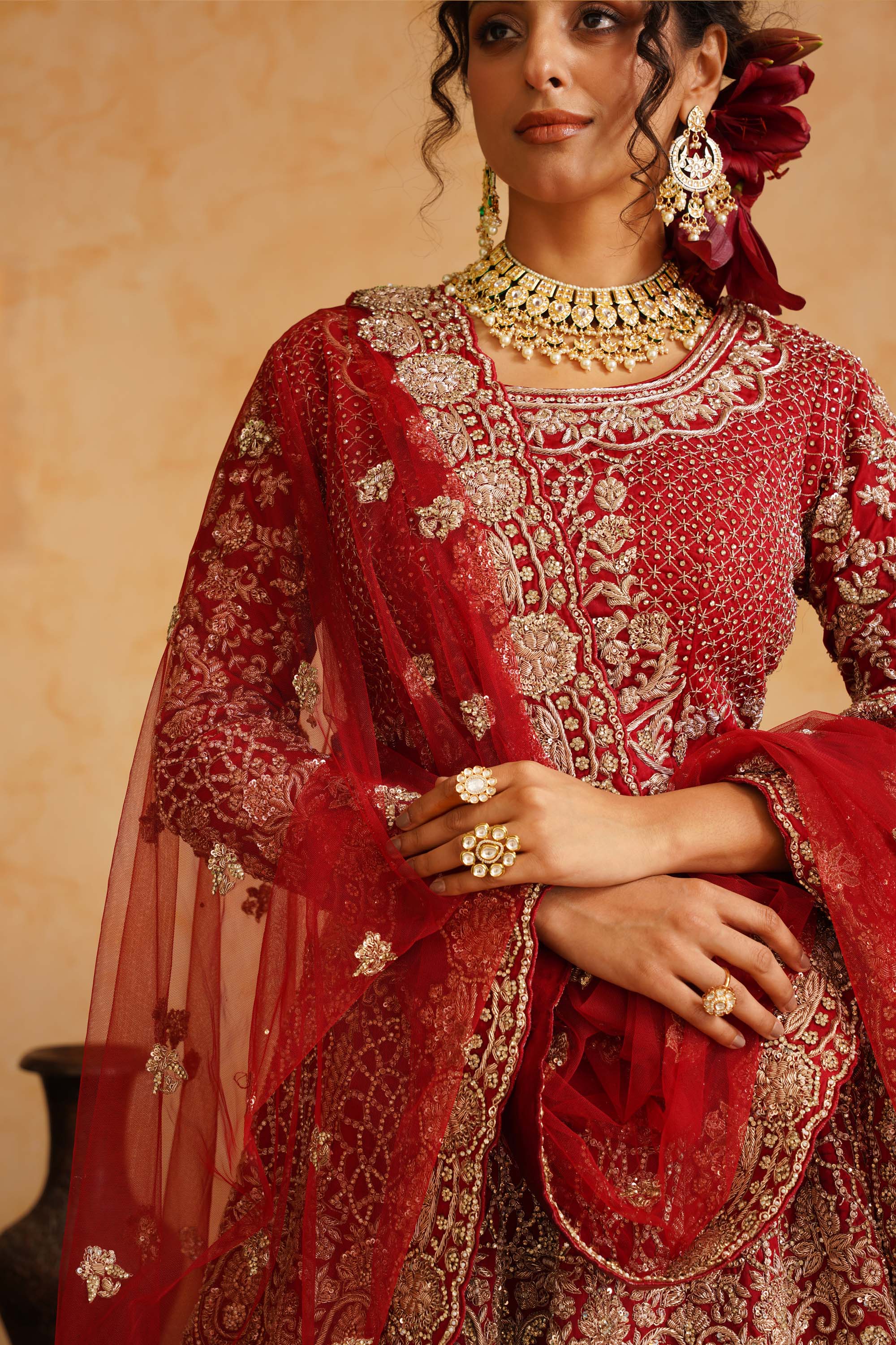 Red Lehanga Trail Blouse With Dupatta