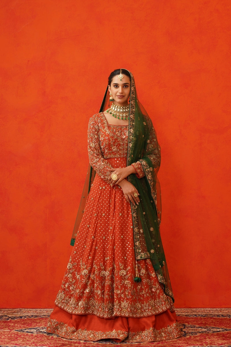 Rust Orange Anarkali with Green Dupatta