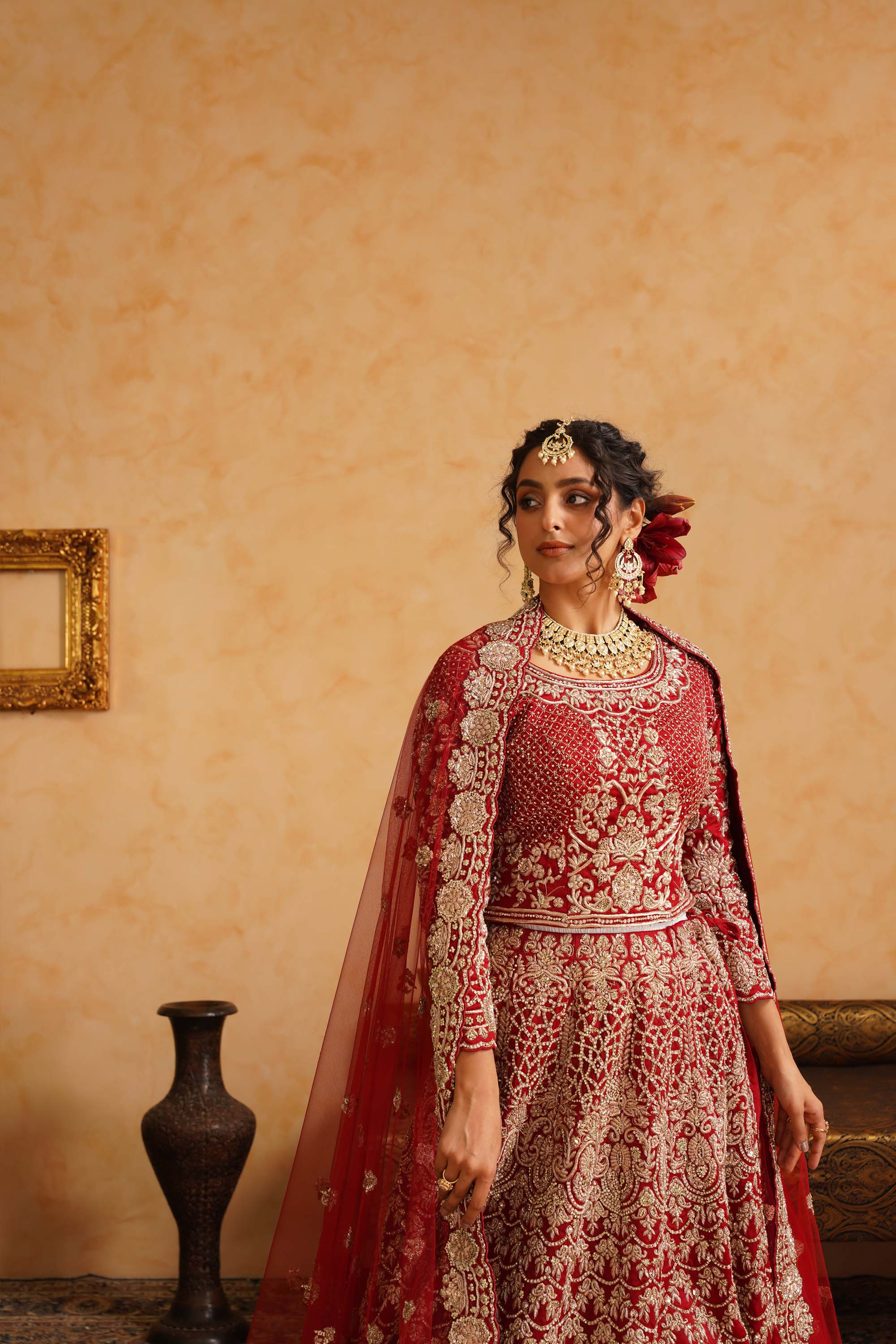 Red Lehanga Trail Blouse With Dupatta