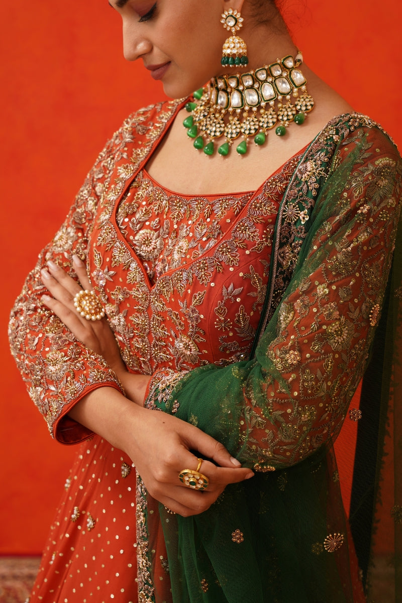 Rust Orange Anarkali with Green Dupatta