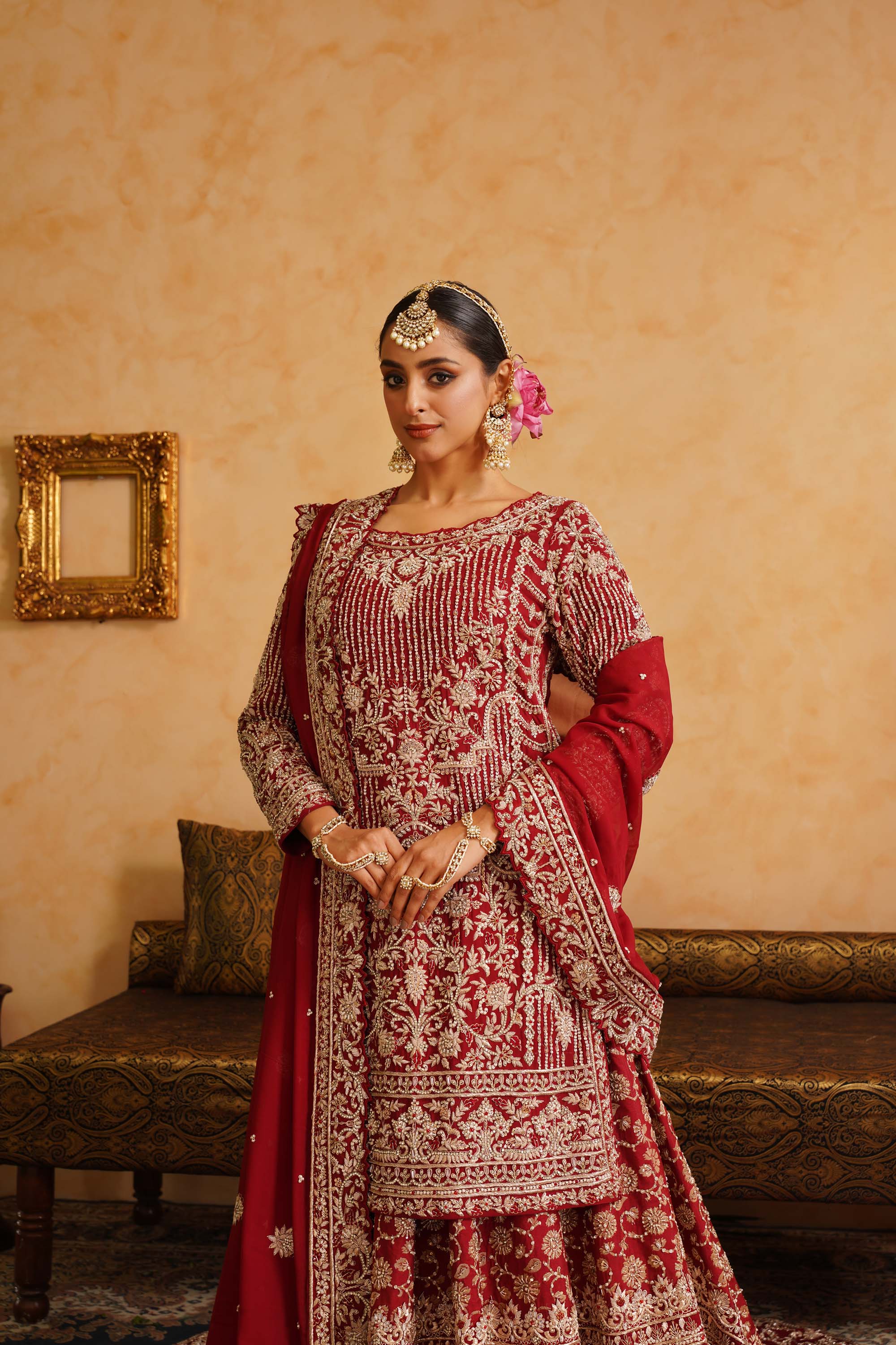 Maroon Frashi Gharara Kameez Dupatta Set