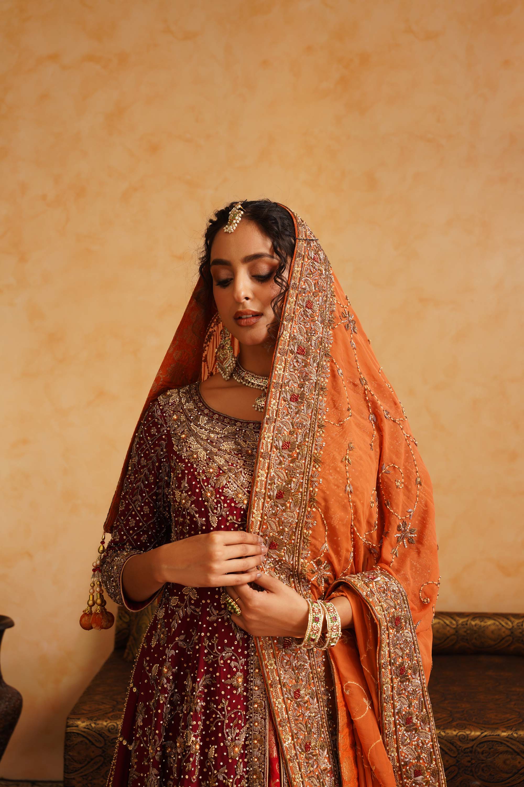 Maroon Red Rust Farshi Gharara With A High Low Jacket