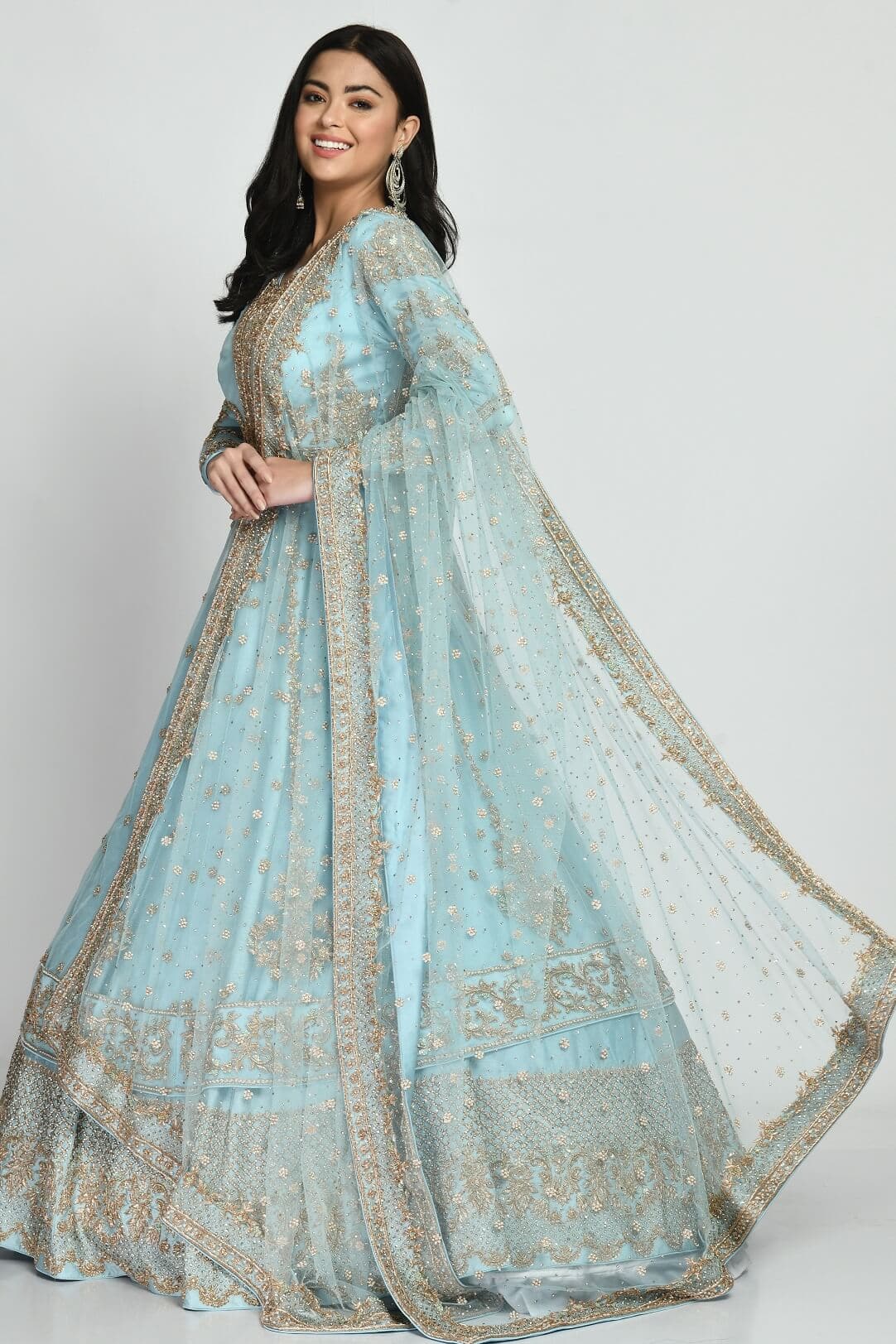 Buy Golden Embroidered Teal Blue Anarkali Style Lehenga Party Wear Online  at Best Price | Cbazaar