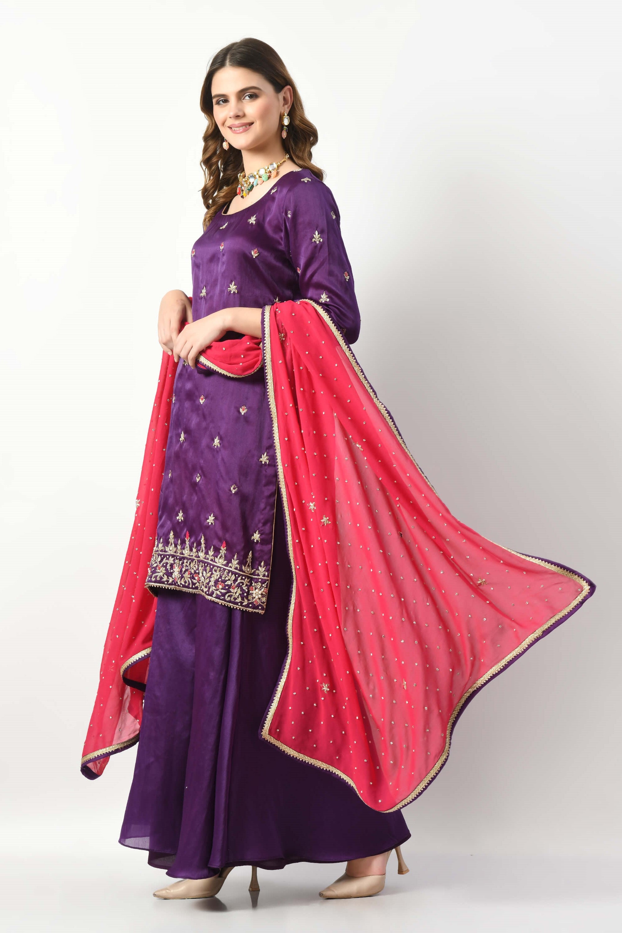 Dark Purple Magenta Kameez Sharara Dupatta