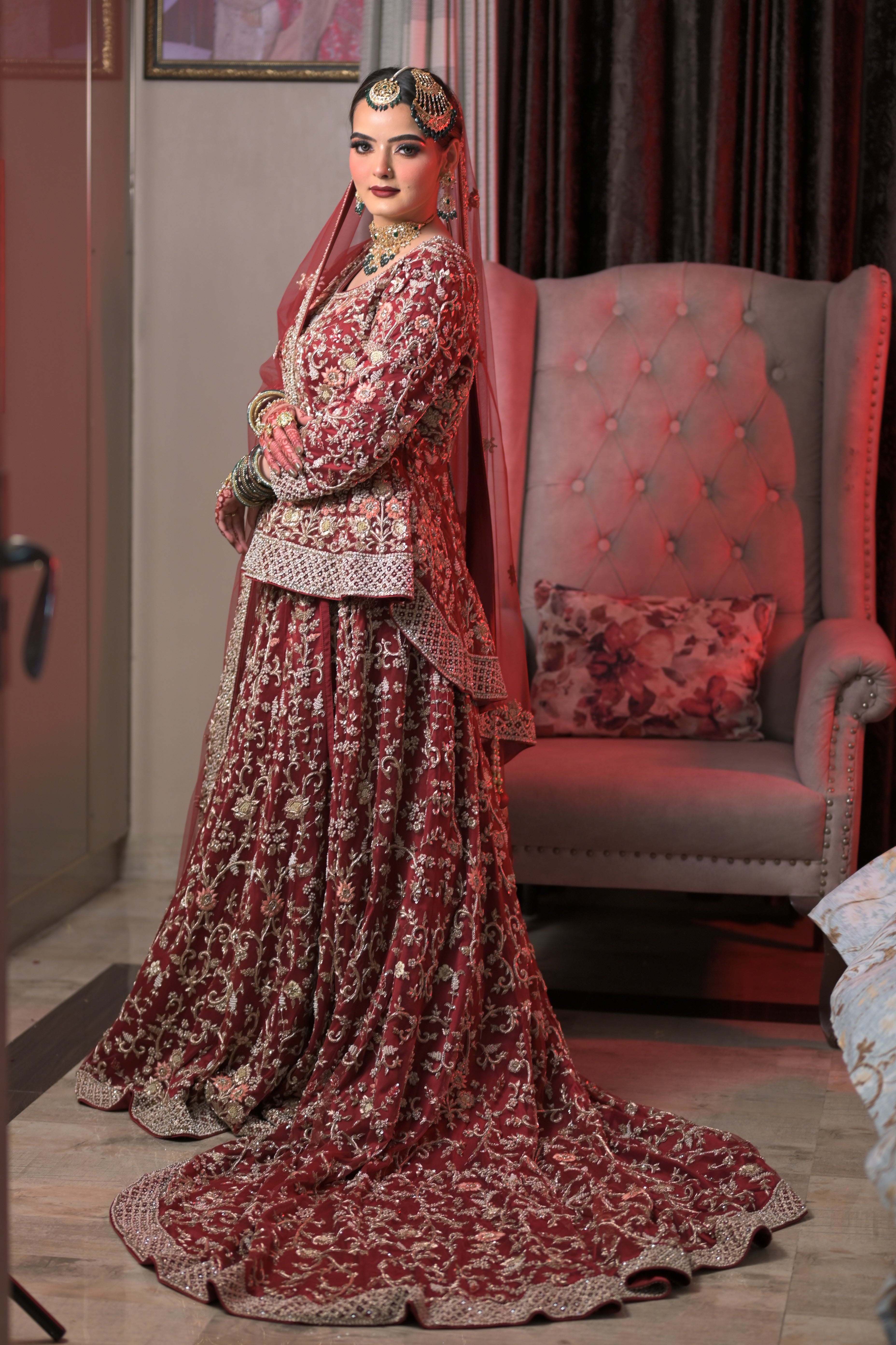 Dark Red Peplum with Lehenga Trail