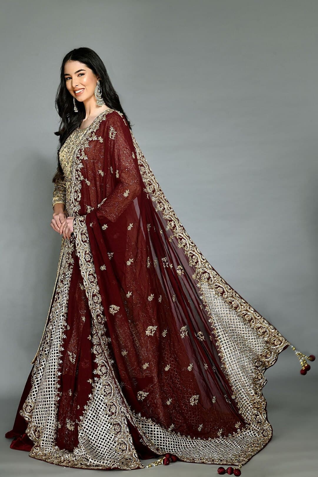 Buy Maroon Lehenga In Crepe With Embroidery Detailing On The Waist And  Bishop Sleeved Crop Top Online - Kalki Fashion