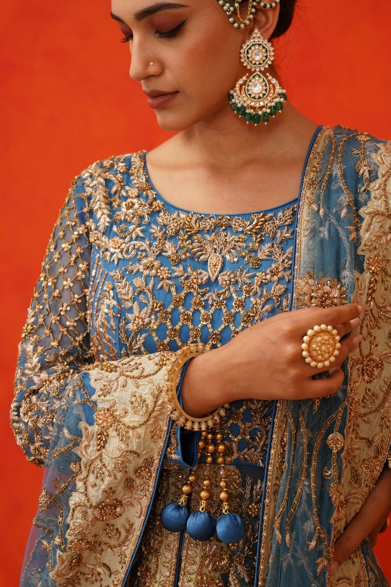 Blue,Gold Jakcet Farshi Gharara