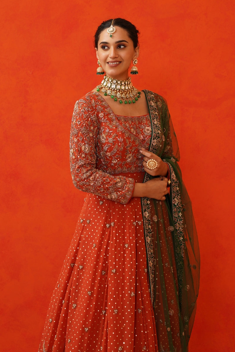 Rust Orange Anarkali with Green Dupatta