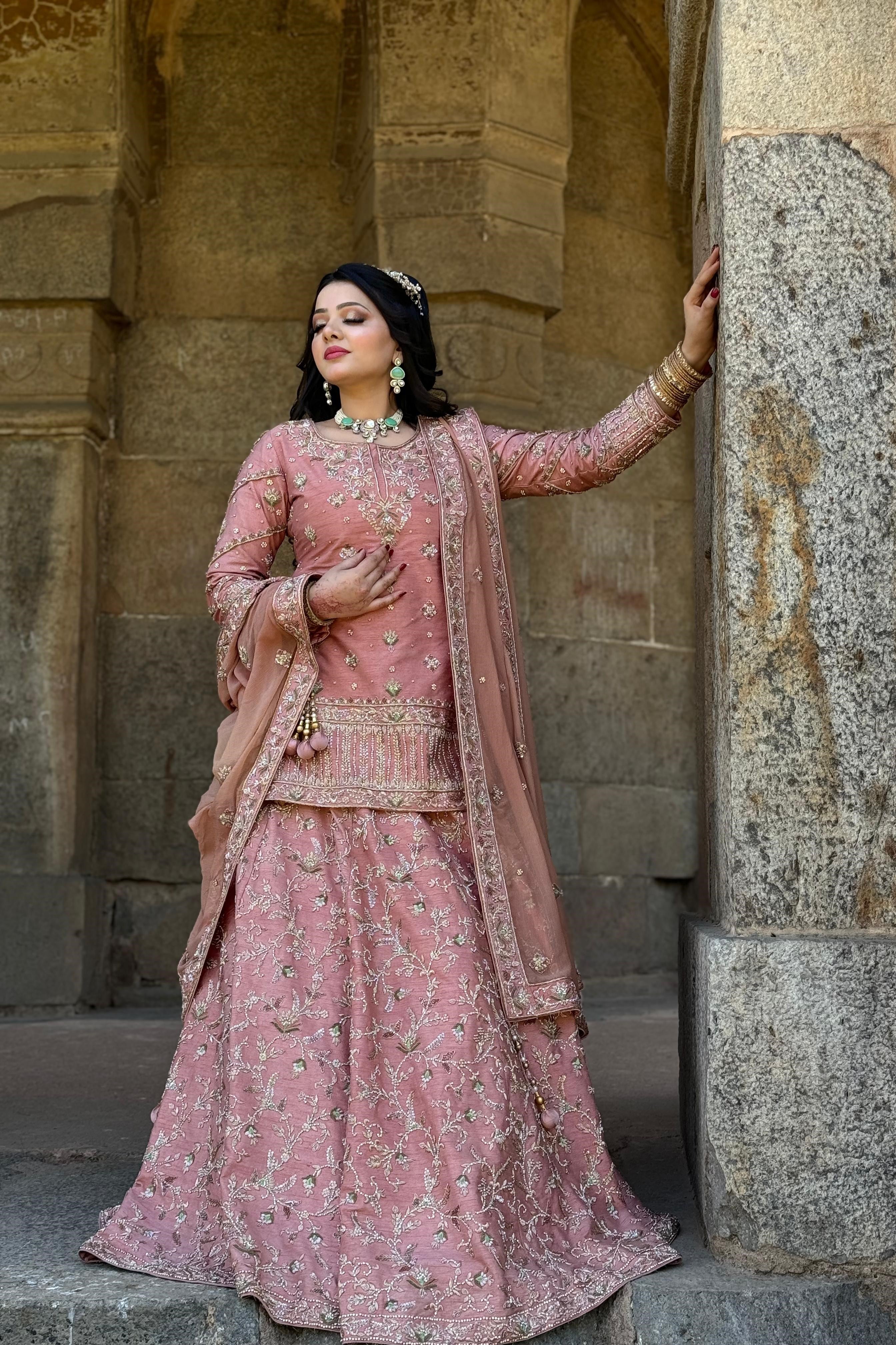 Peach Pink Kameez Lehenga