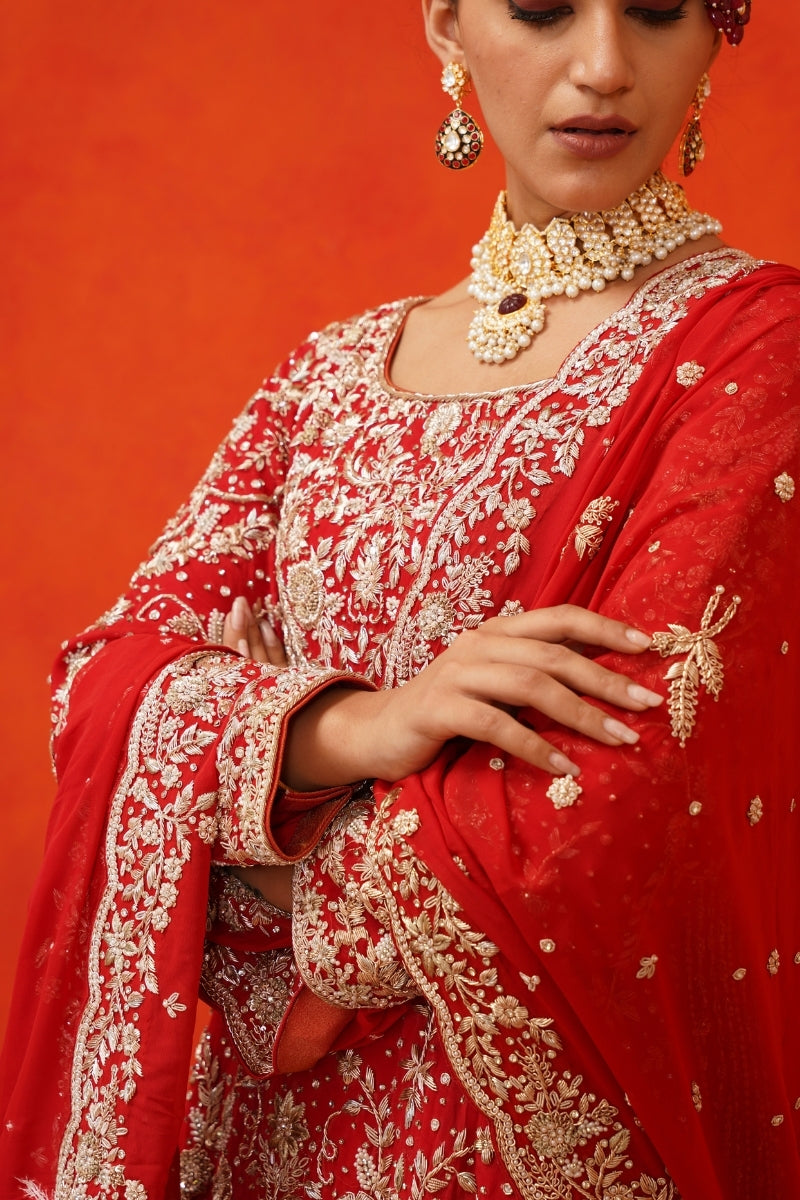 Red Kameez Lehenga with Trail