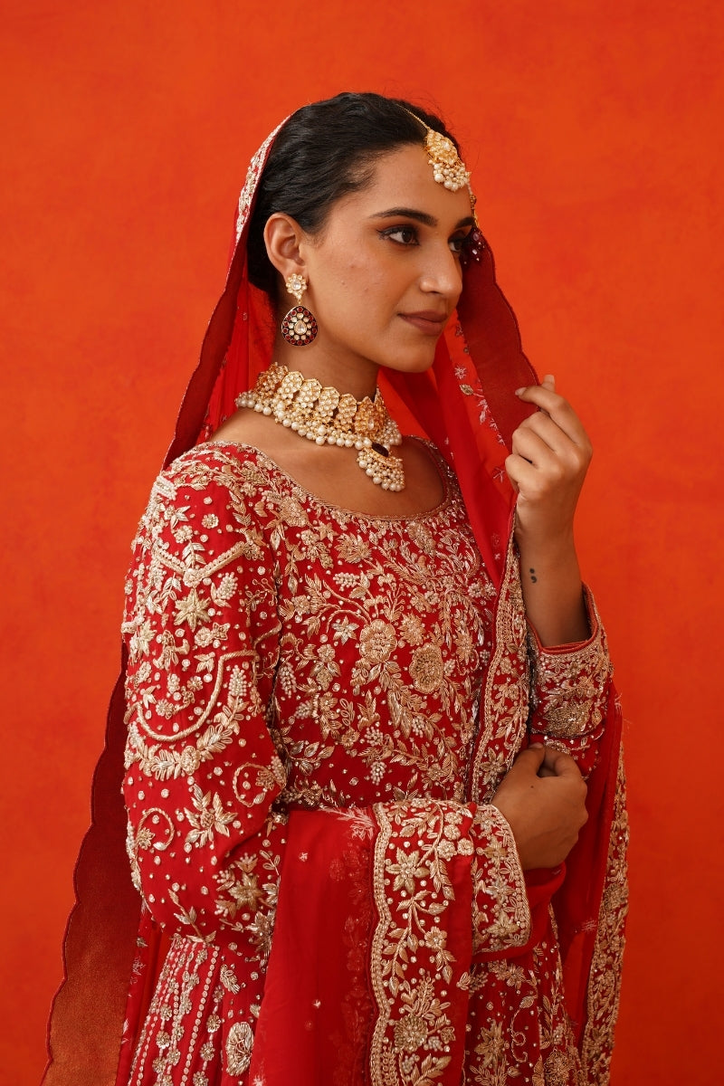 Red Kameez Lehenga with Trail