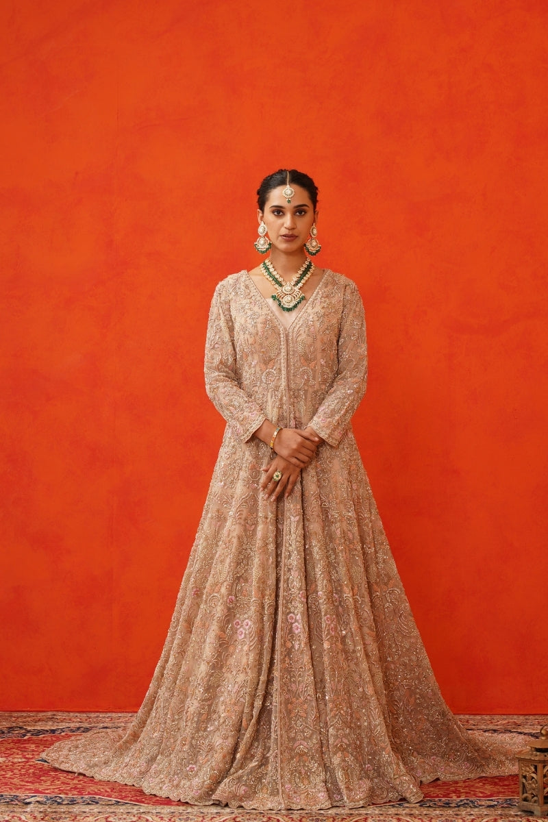 Beige Jacket Lehenga with Trail