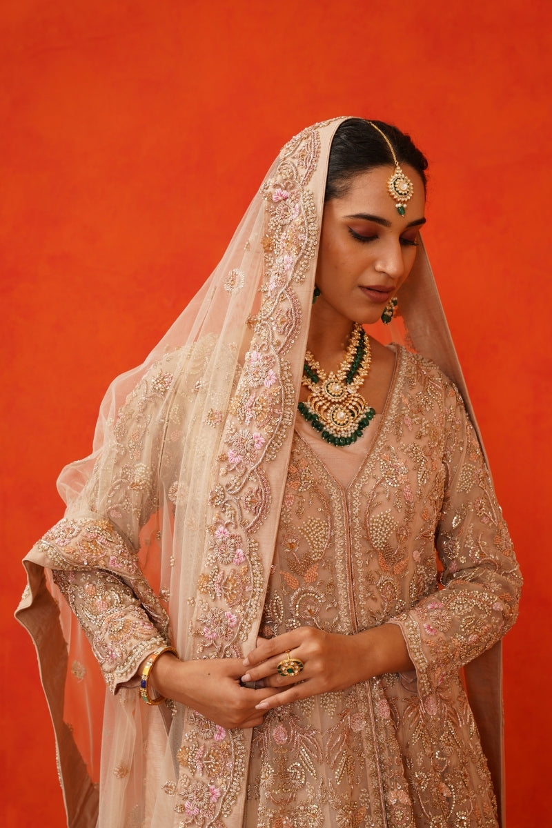 Beige Jacket Lehenga with Trail